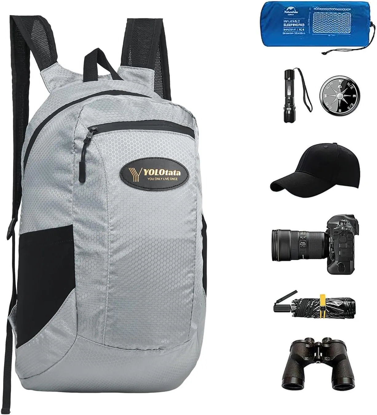 Hiking Daypacks for Women Waterproof Backpacks 15L Lightweight Packable Men Small Outdoor Sports Fan Multipurpose Travel Camping Bags Light Grey