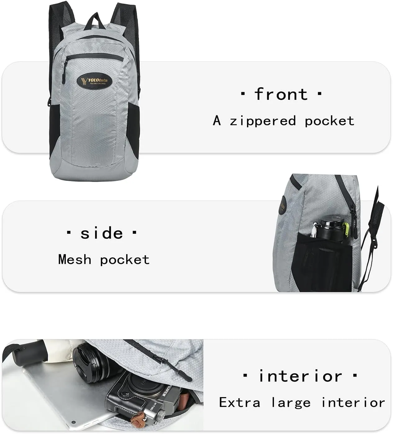 Hiking Daypacks for Women Waterproof Backpacks 15L Lightweight Packable Men Small Outdoor Sports Fan Multipurpose Travel Camping Bags Light Grey