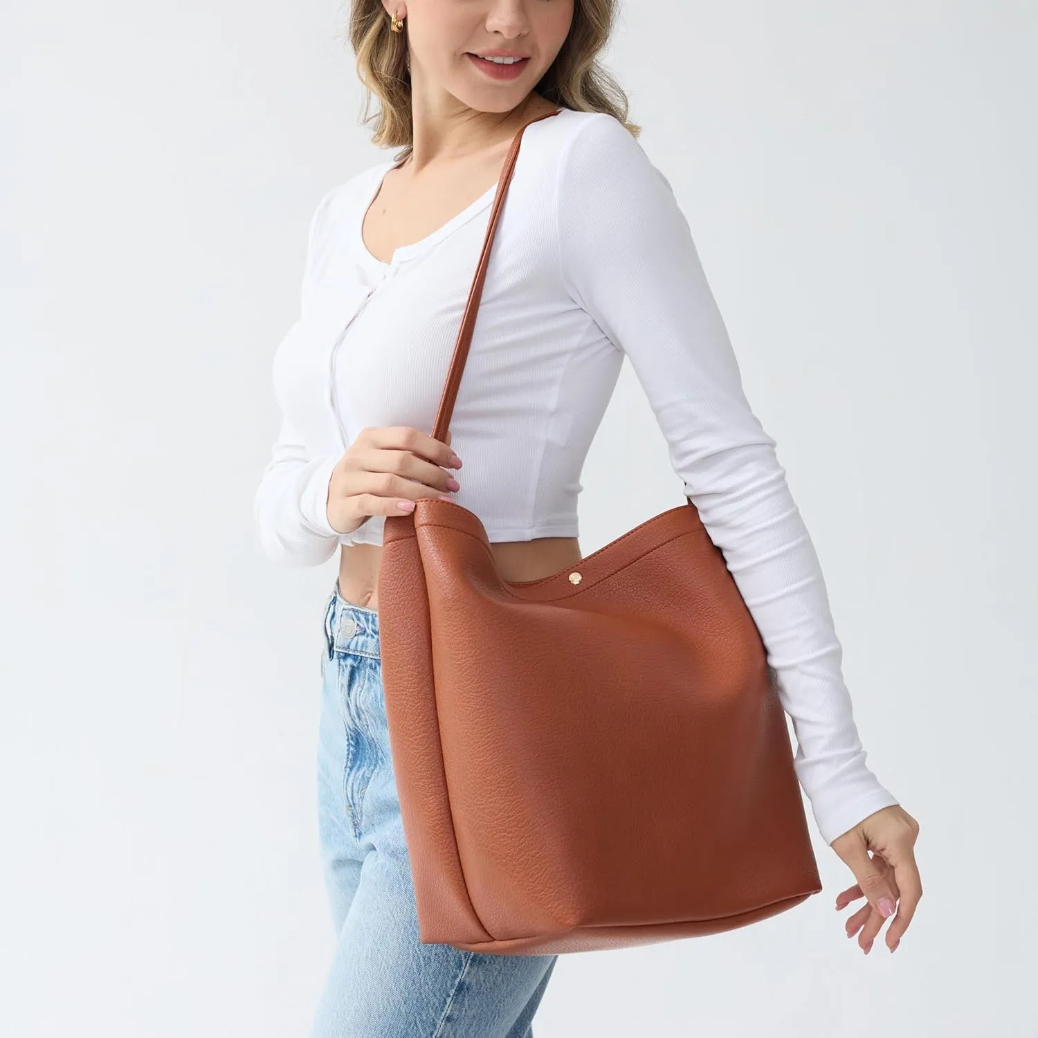 Hobo Bags for Women Vegan Leather Bucket Bags Minimalist Shoulder Handbag