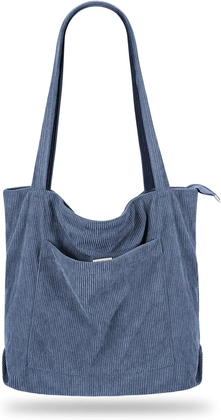 Iioscre Corduroy Tote Bag for Women,Hobo HandBags with Zipper,Large Capacity Casual Shoulder Handbags with Inner Pockets
