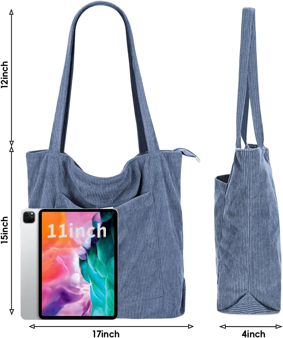 Iioscre Corduroy Tote Bag for Women,Hobo HandBags with Zipper,Large Capacity Casual Shoulder Handbags with Inner Pockets