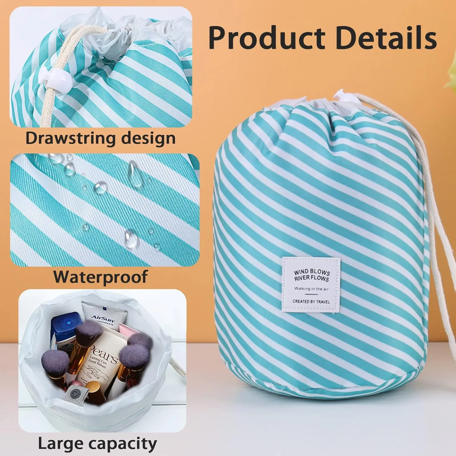 INVODA Cosmetic Bag for Women Drawstring Makeup Bag Portable Travel Toiletry Bag Multifunctional Waterproof Make Up Bucket Bag