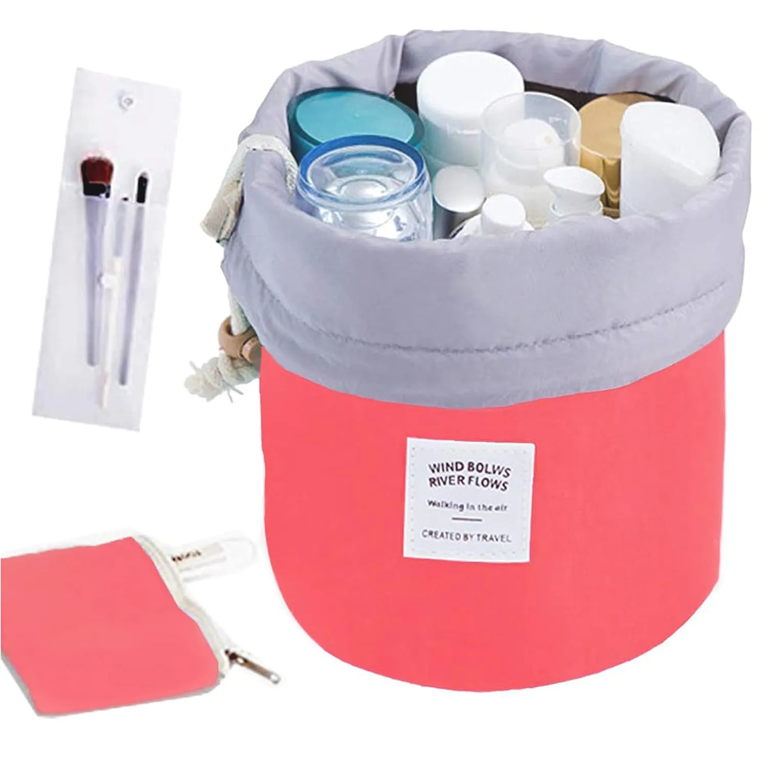 INVODA Drawstring Cosmetic Bag Travel Makeup Bag for Women Toiletry Bag Portable Drawstring Make up Organizer Bag for Travel (Red)