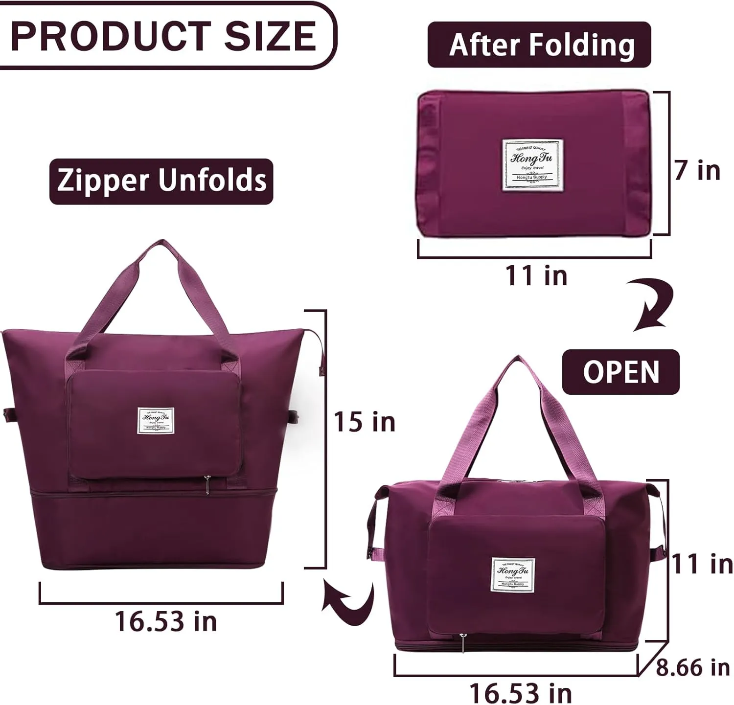 INVODA Travel Bag for Women Expandable Weekender Overnight Bag Carry on Sports Tote Gym Bag Waterproof Foldable Duffel Bag (Fuchsia)
