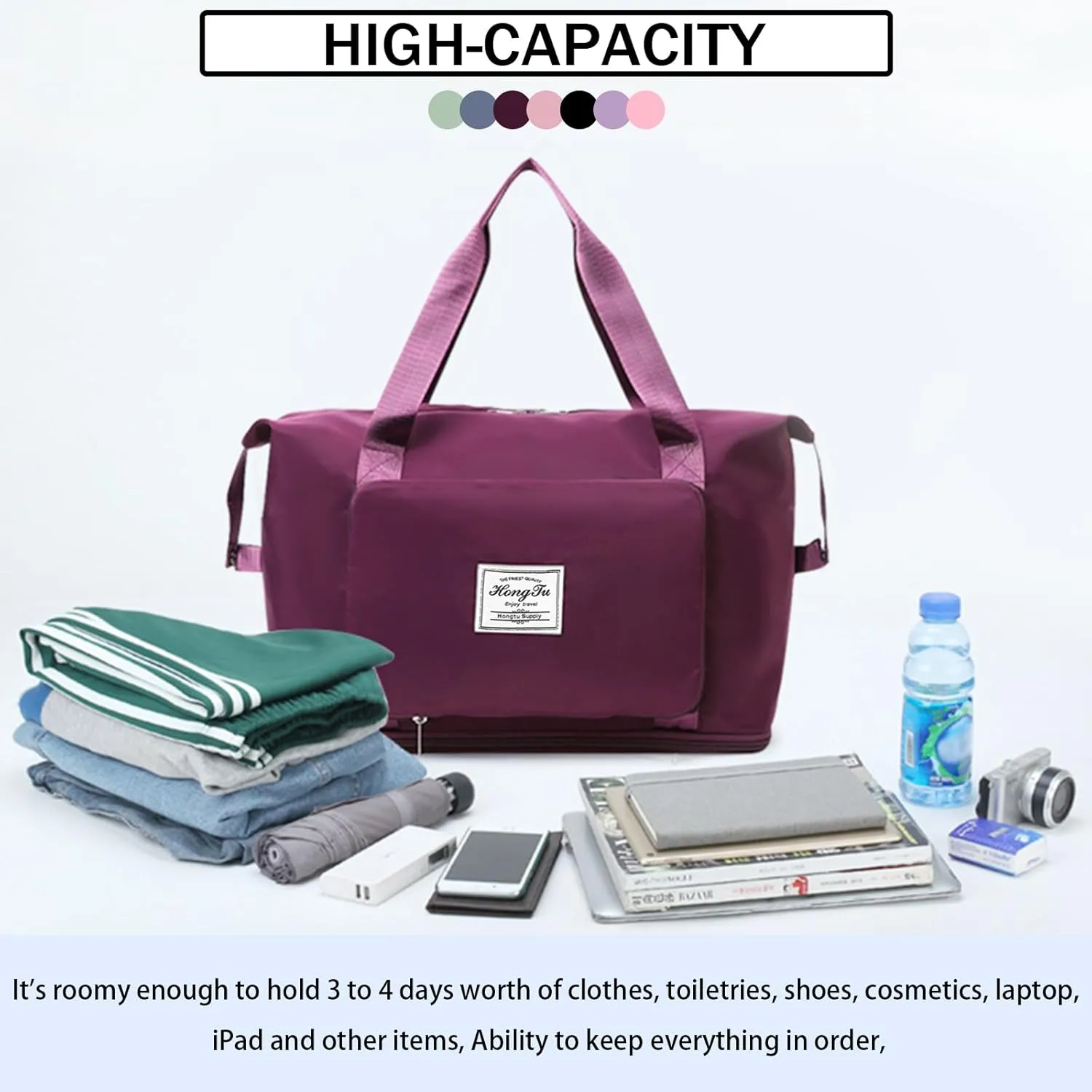 INVODA Travel Bag for Women Expandable Weekender Overnight Bag Carry on Sports Tote Gym Bag Waterproof Foldable Duffel Bag (Fuchsia)