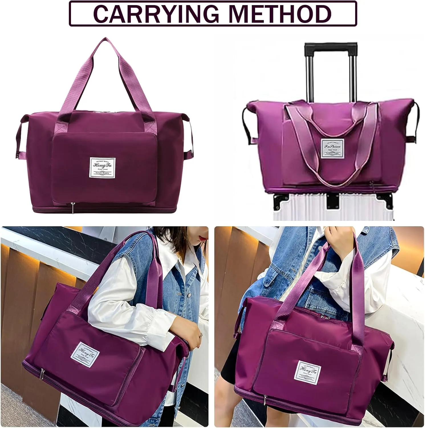 INVODA Travel Bag for Women Expandable Weekender Overnight Bag Carry on Sports Tote Gym Bag Waterproof Foldable Duffel Bag (Fuchsia)