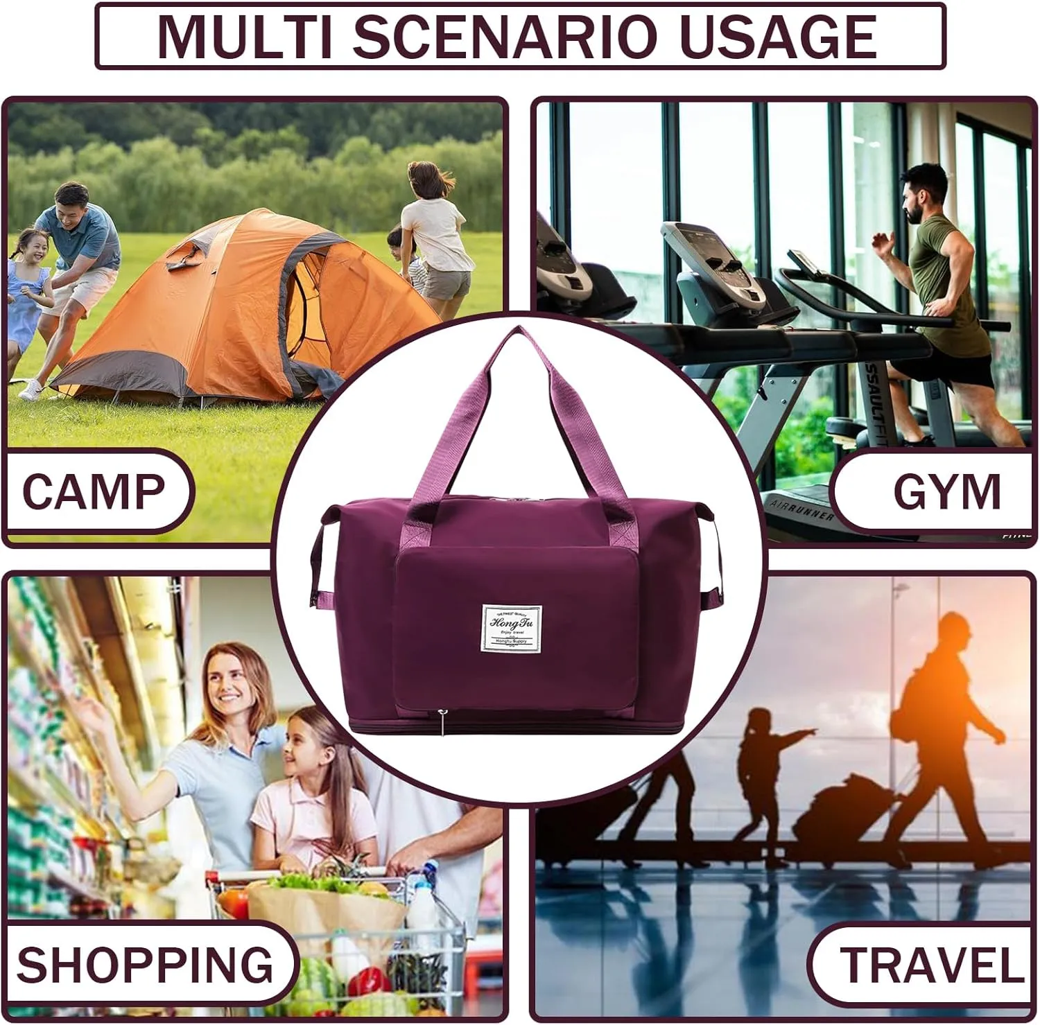 INVODA Travel Bag for Women Expandable Weekender Overnight Bag Carry on Sports Tote Gym Bag Waterproof Foldable Duffel Bag (Fuchsia)