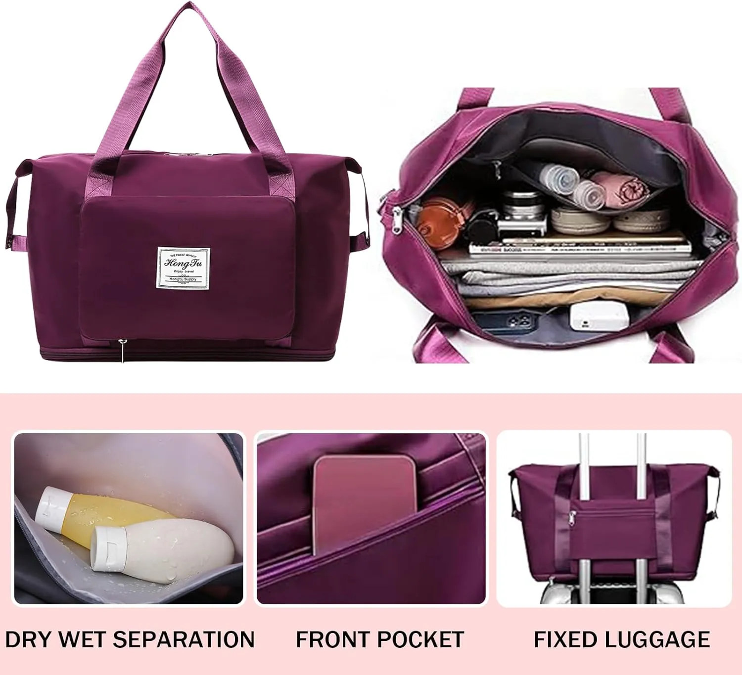 INVODA Travel Bag for Women Expandable Weekender Overnight Bag Carry on Sports Tote Gym Bag Waterproof Foldable Duffel Bag (Fuchsia)