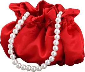 LAKSMI Mini Pearl Bracelet Bucket Bag Wristlet Purses Crossbody Handbags Little Hobo Bag with Faux Pearl Chain