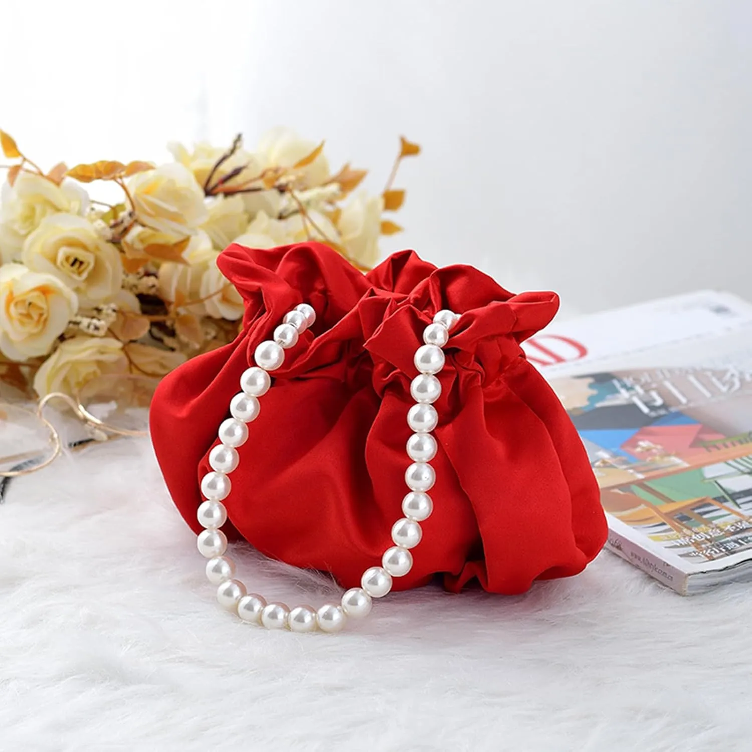 LAKSMI Mini Pearl Bracelet Bucket Bag Wristlet Purses Crossbody Handbags Little Hobo Bag with Faux Pearl Chain