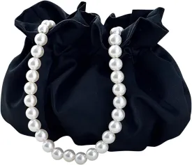 LAKSMI Mini Pearl Bracelet Bucket Bag Wristlet Purses Crossbody Handbags Little Hobo Bag with Faux Pearl Chain