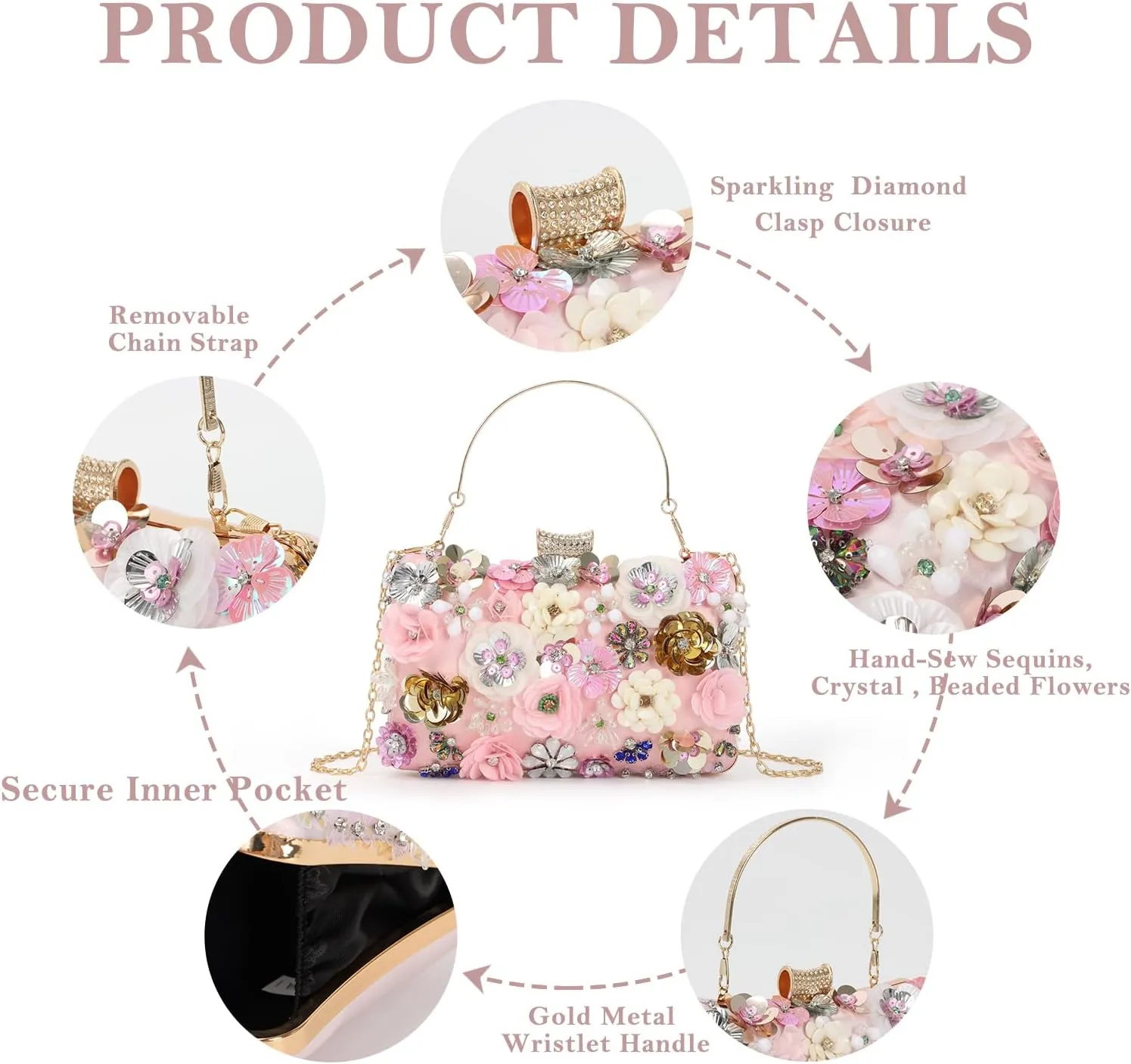 Lanpet Women Clutches Flower Evening Handbag Chain Strap Shoulder Bag
