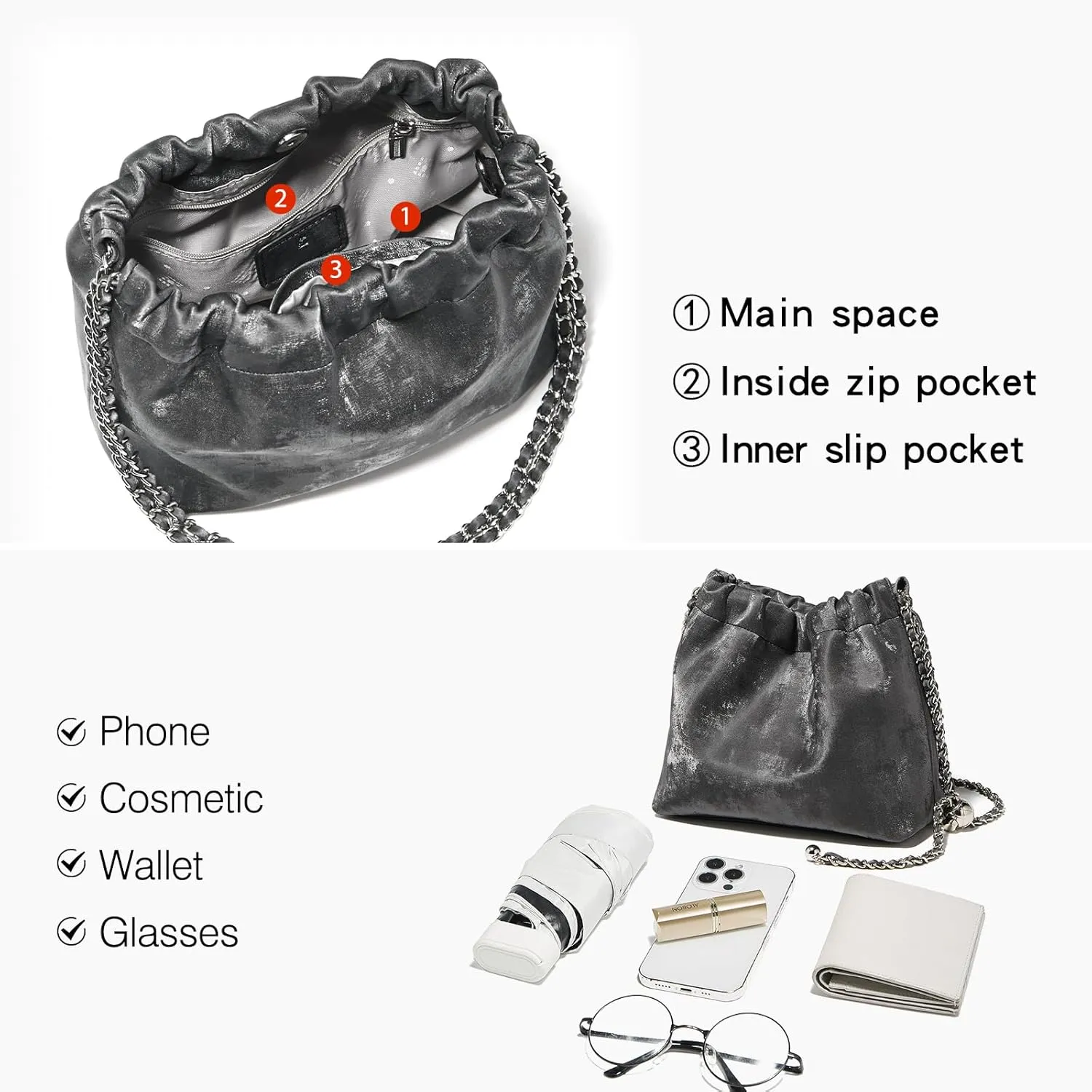 LAORENTOU Suede Designer Crossbody Bag for Women, Bucket Style Shoulder Bag for Ladies, Medium Size Purse with Chain Strap