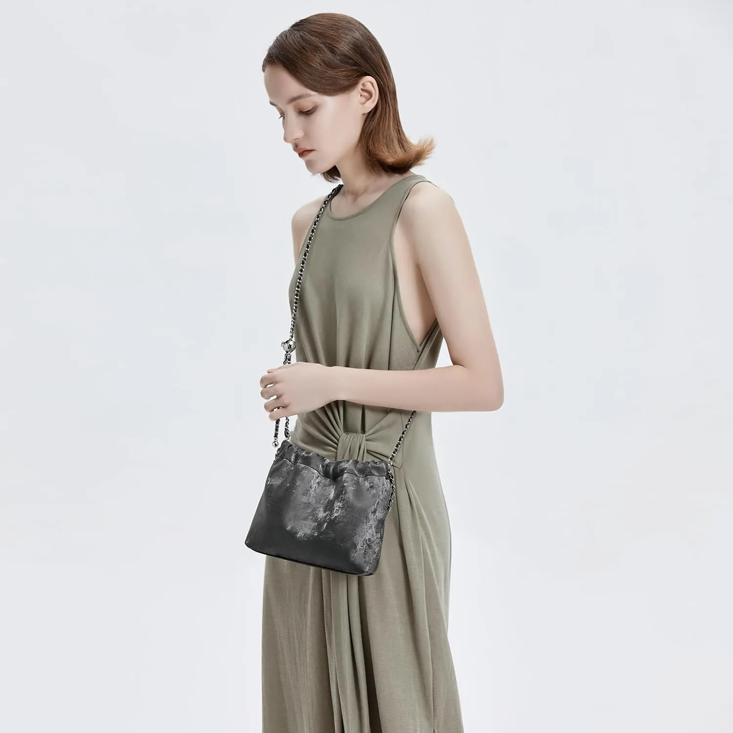 LAORENTOU Suede Designer Crossbody Bag for Women, Bucket Style Shoulder Bag for Ladies, Medium Size Purse with Chain Strap
