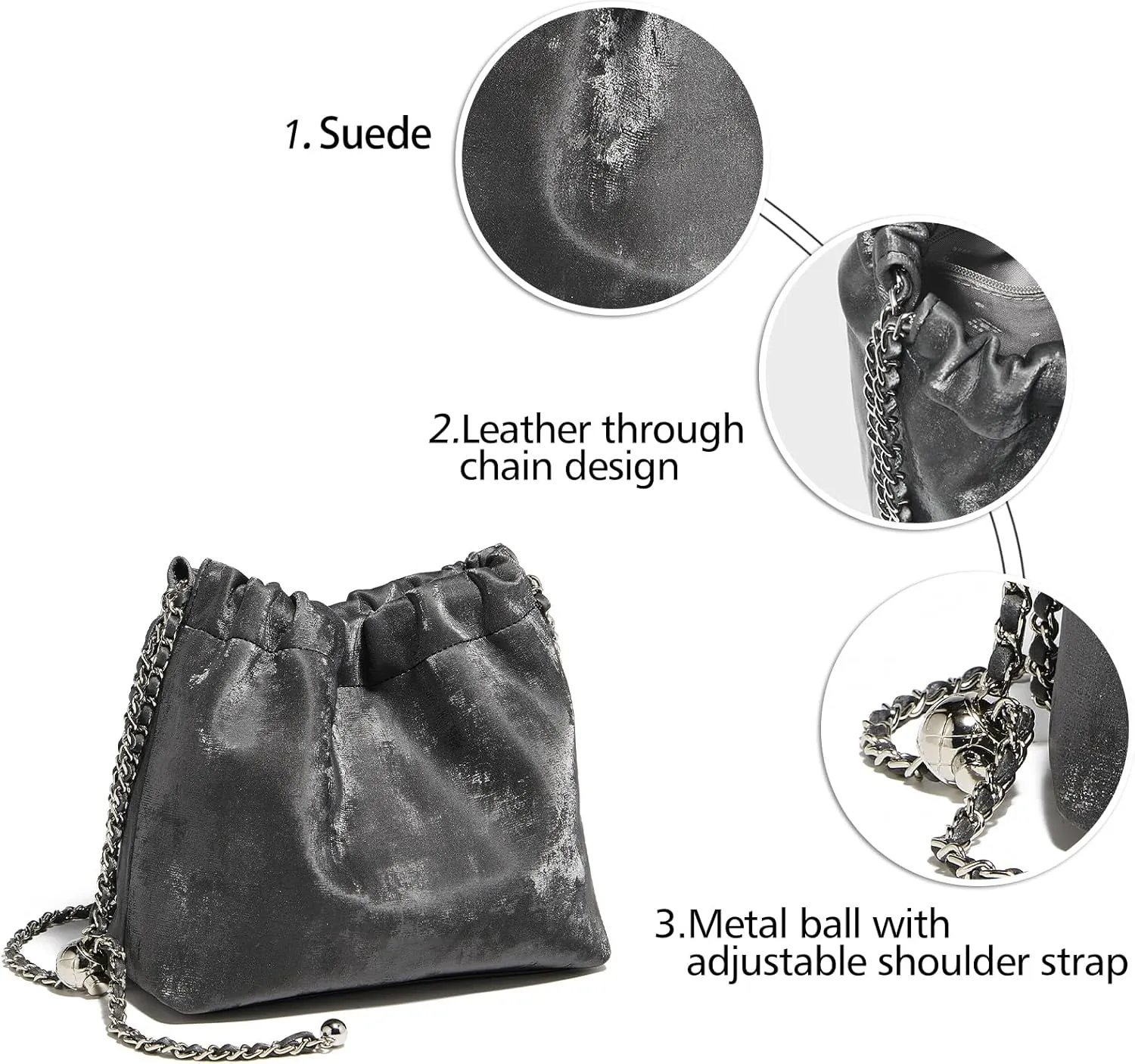 LAORENTOU Suede Designer Crossbody Bag for Women, Bucket Style Shoulder Bag for Ladies, Medium Size Purse with Chain Strap