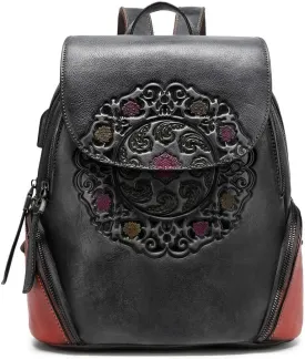 Leather Backpack for Women Organizer Retro Vegetable Tanning leather bag Vintage Embossing Totem (black)