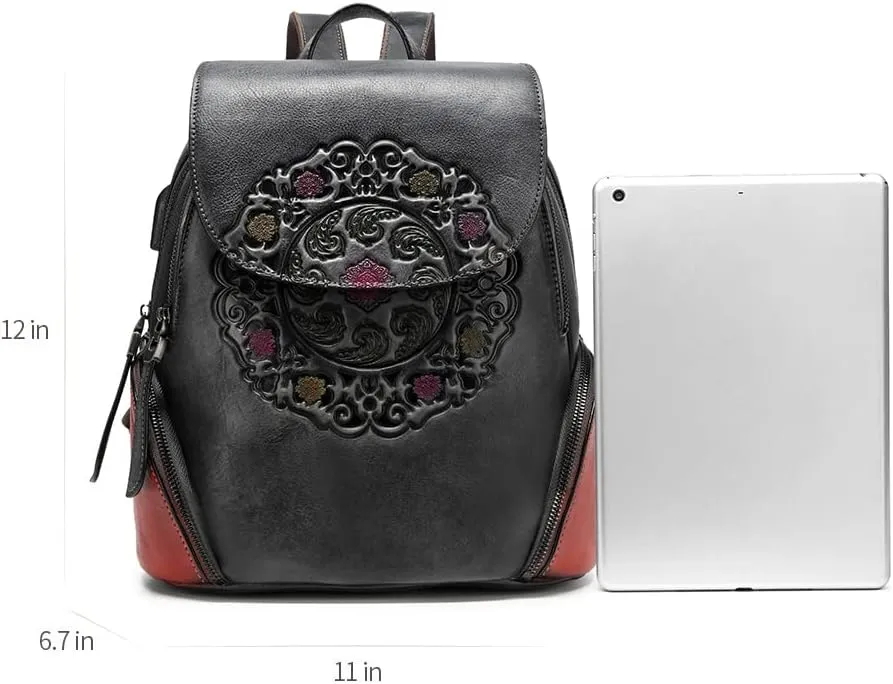 Leather Backpack for Women Organizer Retro Vegetable Tanning leather bag Vintage Embossing Totem (black)