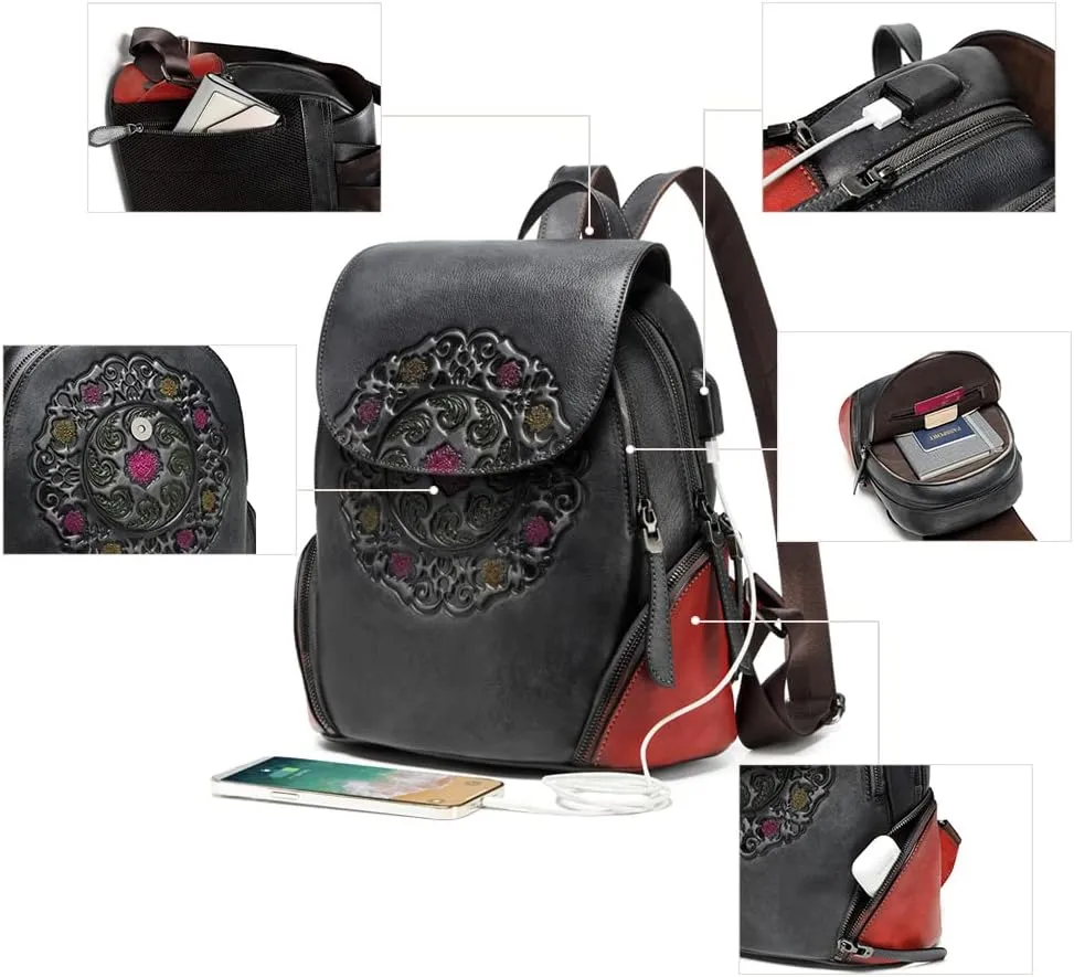 Leather Backpack for Women Organizer Retro Vegetable Tanning leather bag Vintage Embossing Totem (black)