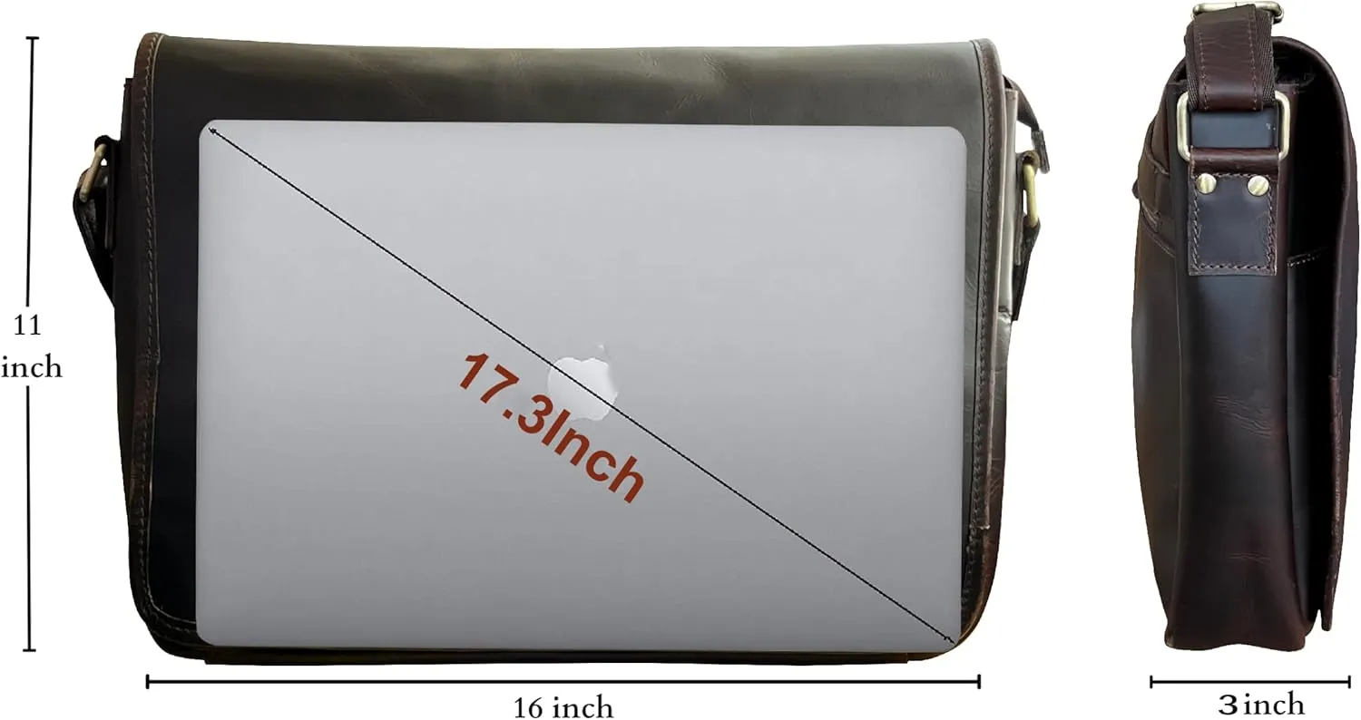 Leather Messenger Bag for Men 16" Full Grain Leather Laptop Bag Vintage Crossbody Office Satchel Travel Shoulder Bag