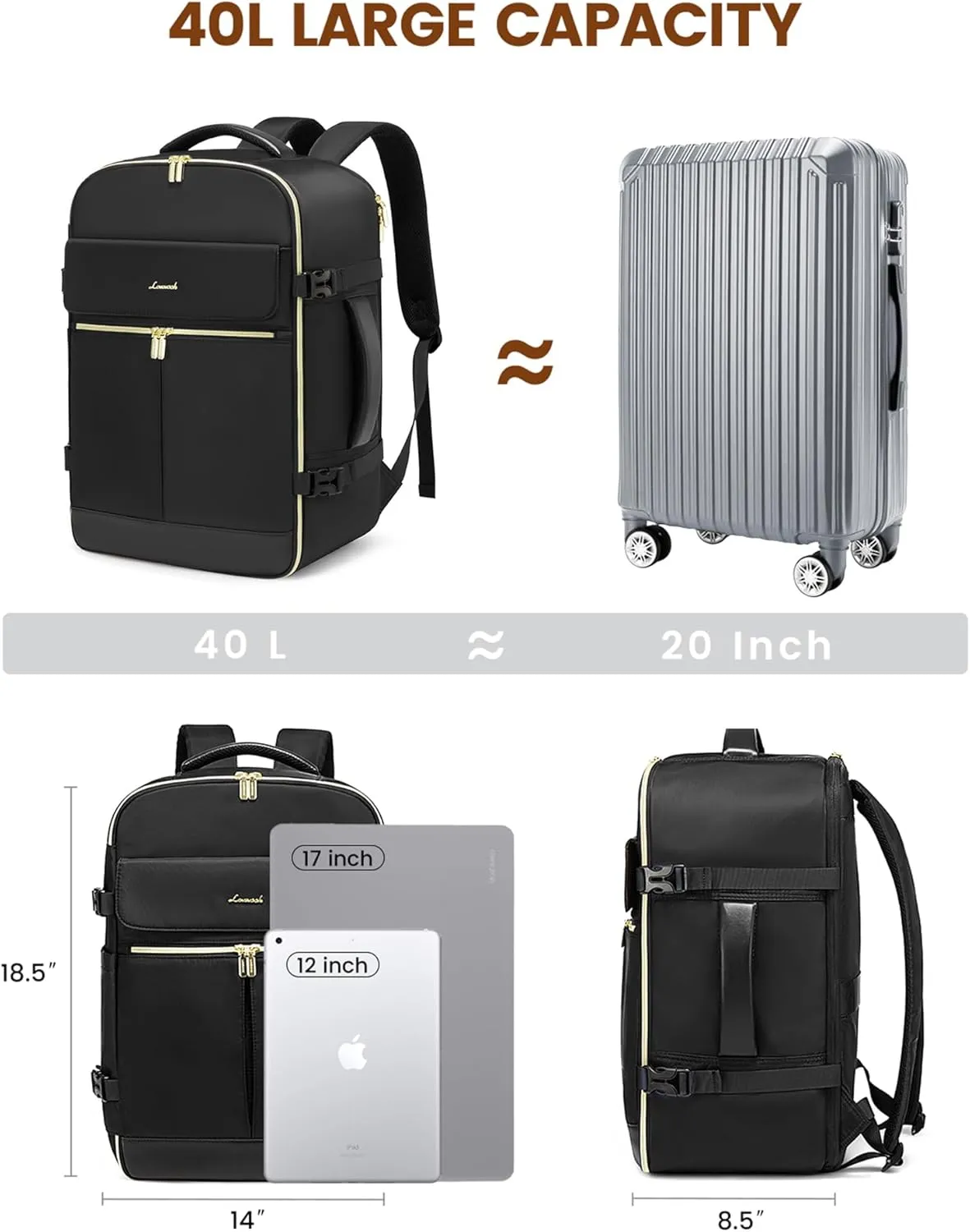 LOVEVOOK 40L Large Travel Backpack for Women, Flight Approved, Waterproof, TSA Compliant, Fits 17.3'' Laptop, 17 Pockets, 3 Packing Cubes