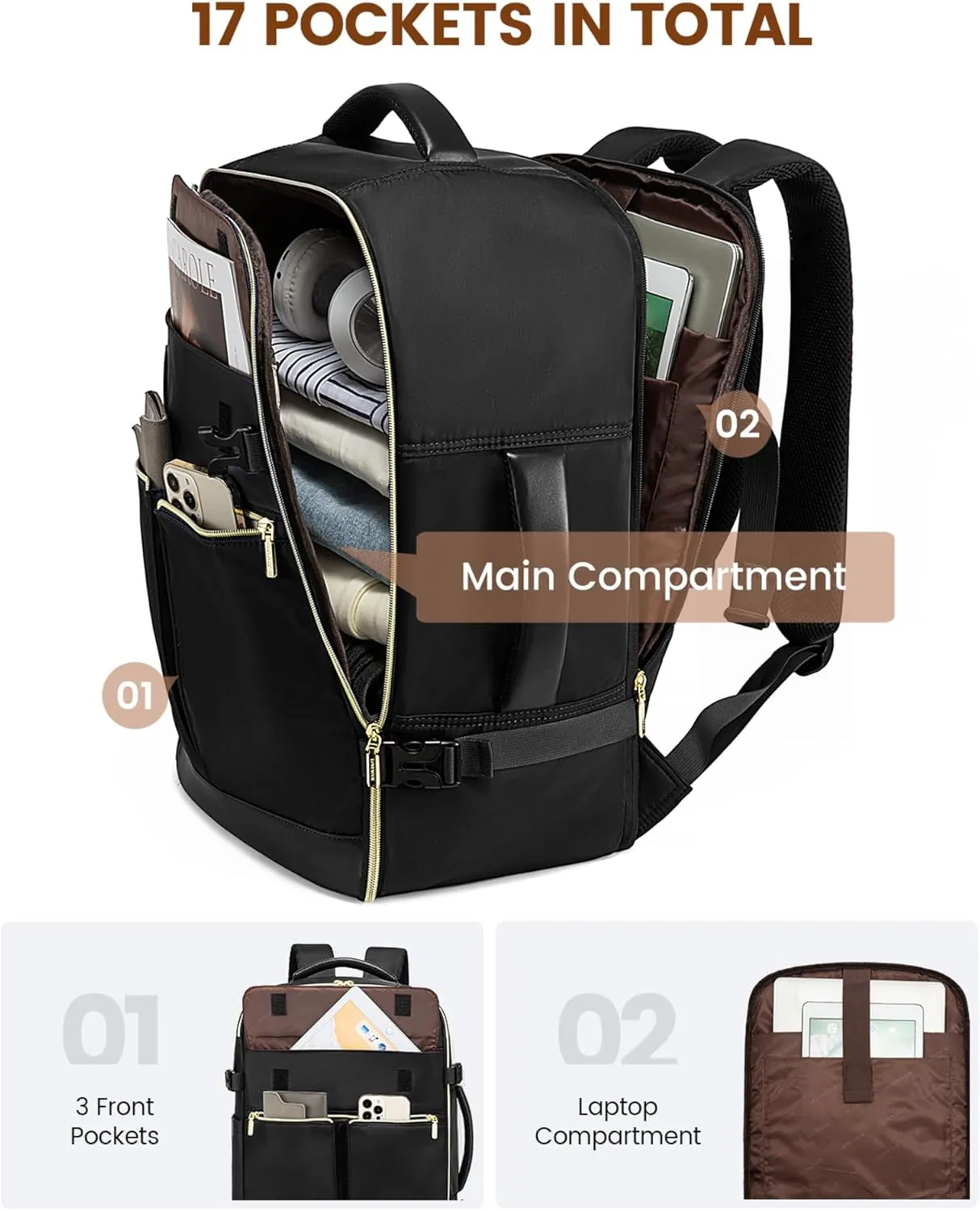LOVEVOOK 40L Large Travel Backpack for Women, Flight Approved, Waterproof, TSA Compliant, Fits 17.3'' Laptop, 17 Pockets, 3 Packing Cubes