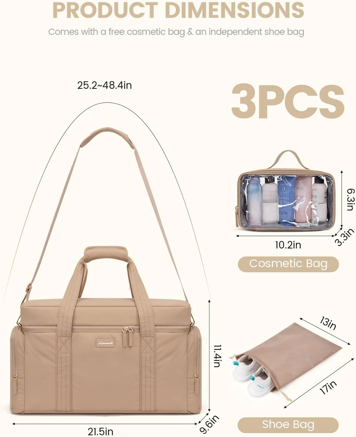LOVEVOOK Travel Duffle Bag, Puffer Weekender Bag for Women, Overnight Bag with Toiletry Bag, Carry On Bags for Airplanes, Hospital Bag for Labor Delivery, Yoga Gym Bag with Wet Pocket, 3Pcs, Khaki