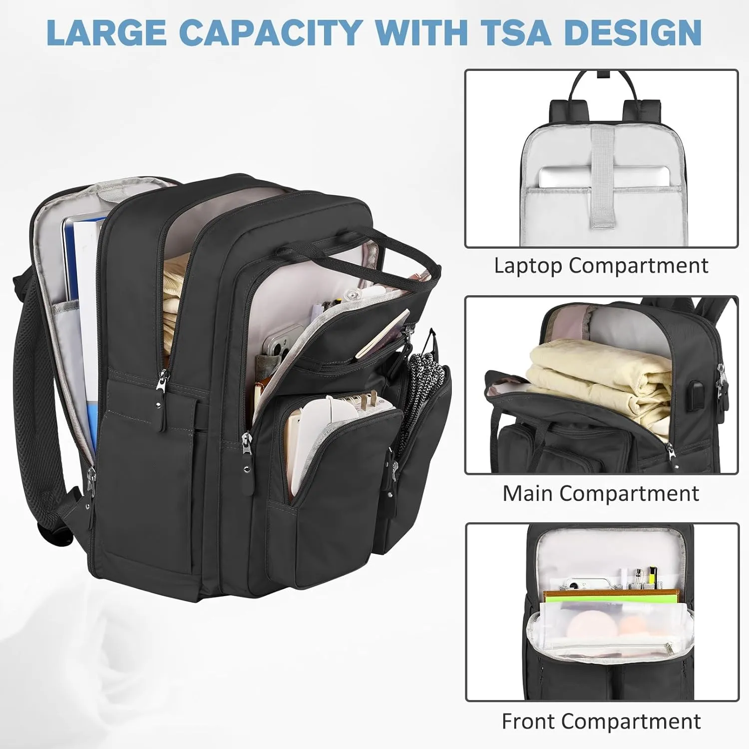 Mancro Travel Backpack for Women with TSA Laptop Compartment, 15.6 Inch Laptop Backpack with USB Charging Port and Dry-Wet Pocket, Fashion Computer Backpack for Women, Black