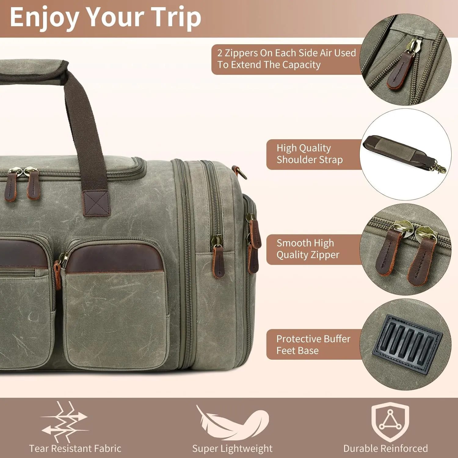 Mens Duffle Bag for Travel 3Pcs Set Travel Bags for Men 60L Expandable Canvas Bag (Army Green)