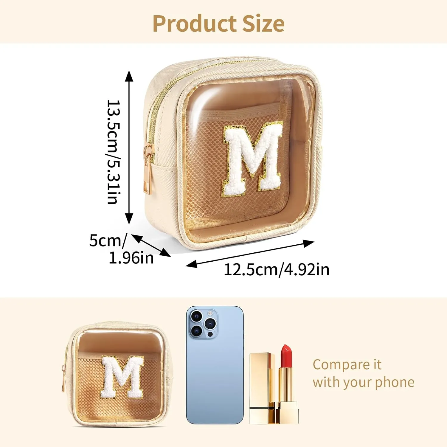 Mini Makeup Bag, Small Makeup Bag for Purse Waterproof Clear Makeup bag Leather Cosmetic Bag Square Make Up Bag Pouch with Chenille Letter, Beige
