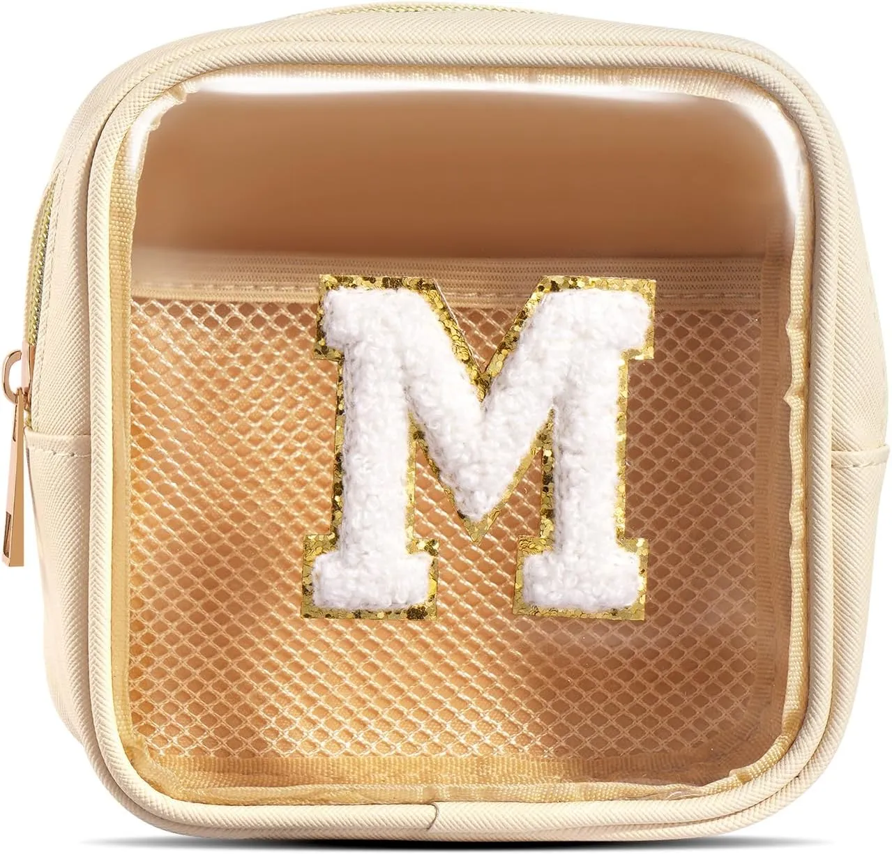 Mini Makeup Bag, Small Makeup Bag for Purse Waterproof Clear Makeup bag Leather Cosmetic Bag Square Make Up Bag Pouch with Chenille Letter, Beige