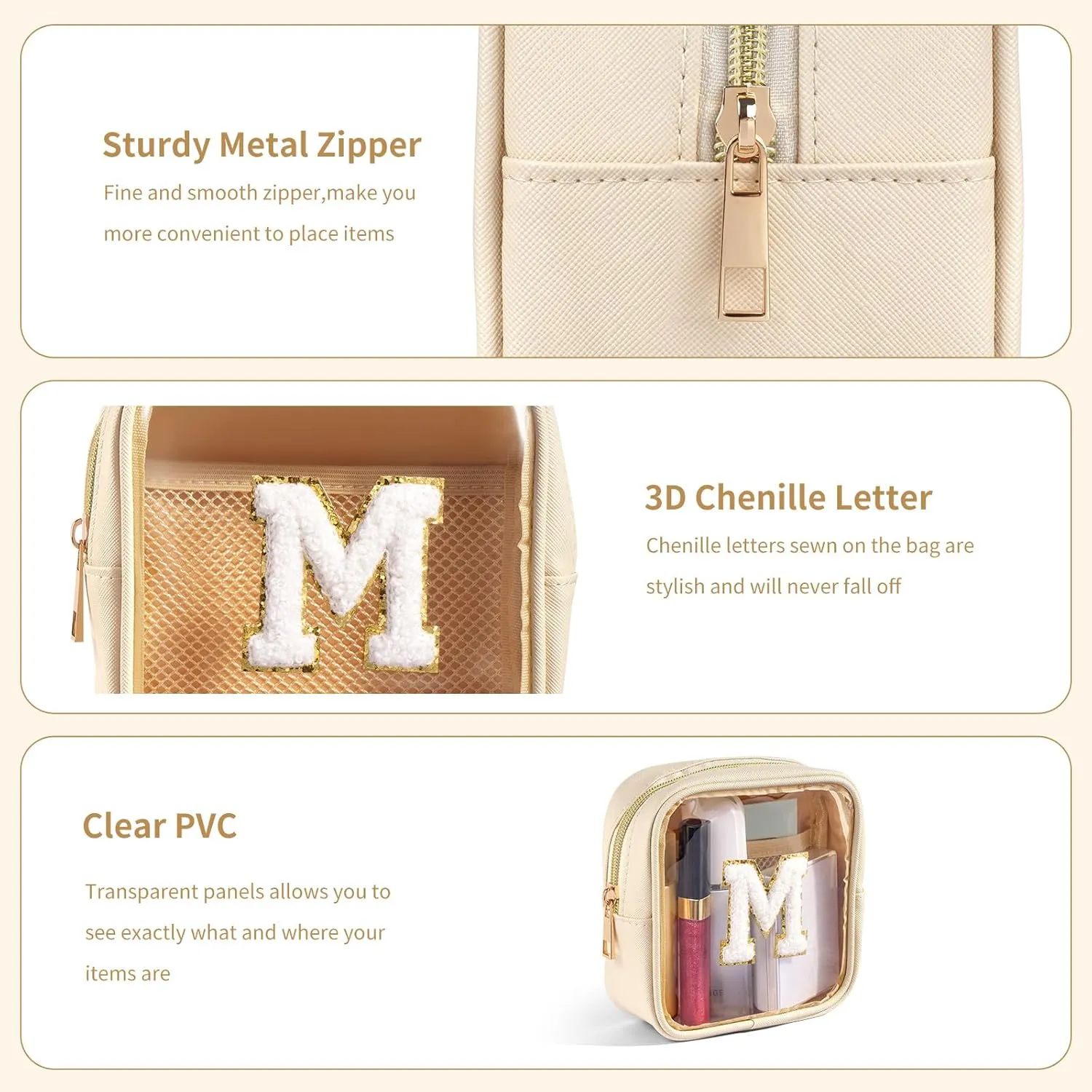 Mini Makeup Bag, Small Makeup Bag for Purse Waterproof Clear Makeup bag Leather Cosmetic Bag Square Make Up Bag Pouch with Chenille Letter, Beige