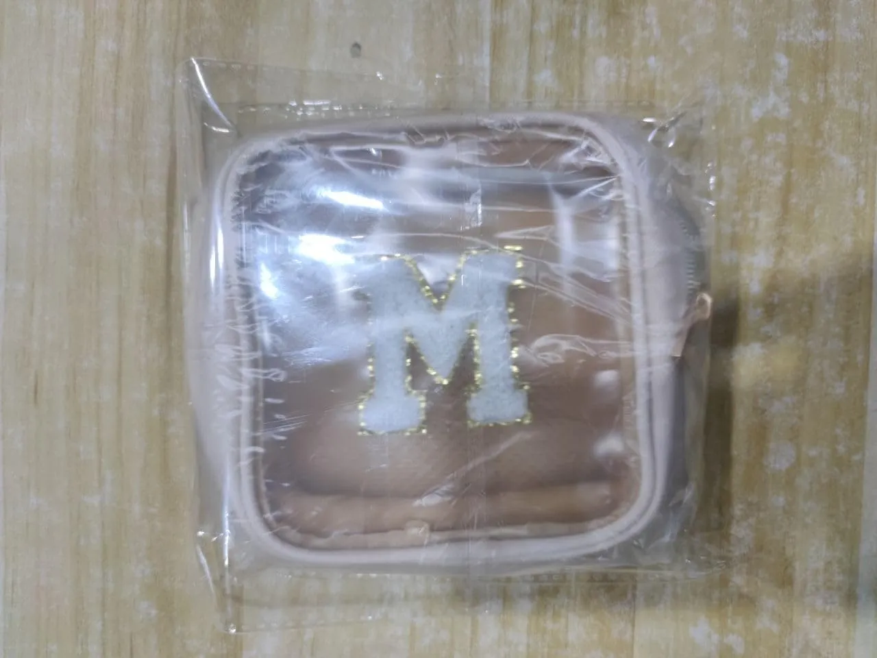 Mini Makeup Bag, Small Makeup Bag for Purse Waterproof Clear Makeup bag Leather Cosmetic Bag Square Make Up Bag Pouch with Chenille Letter, Beige