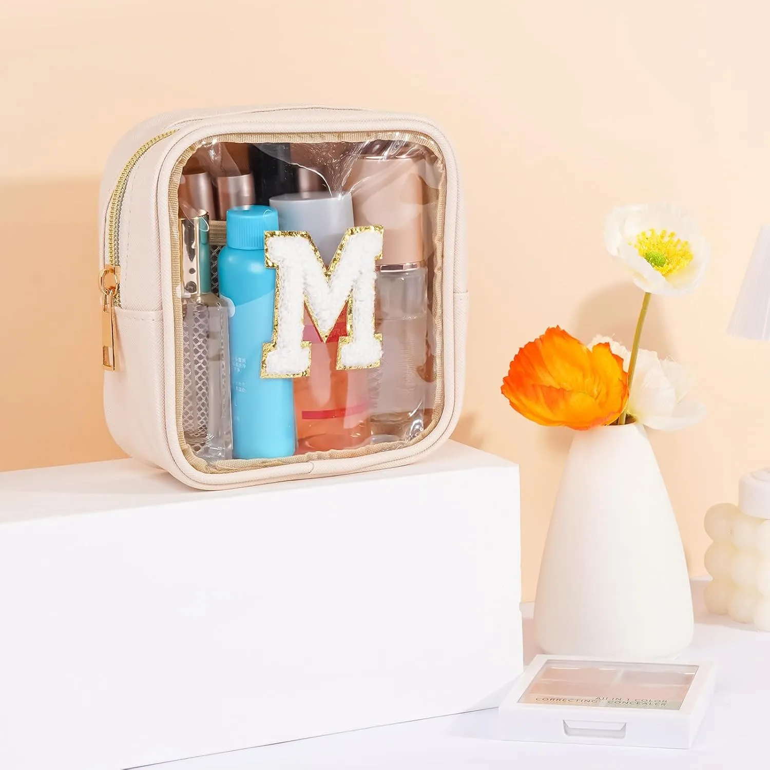 Mini Makeup Bag, Small Makeup Bag for Purse Waterproof Clear Makeup bag Leather Cosmetic Bag Square Make Up Bag Pouch with Chenille Letter, Beige