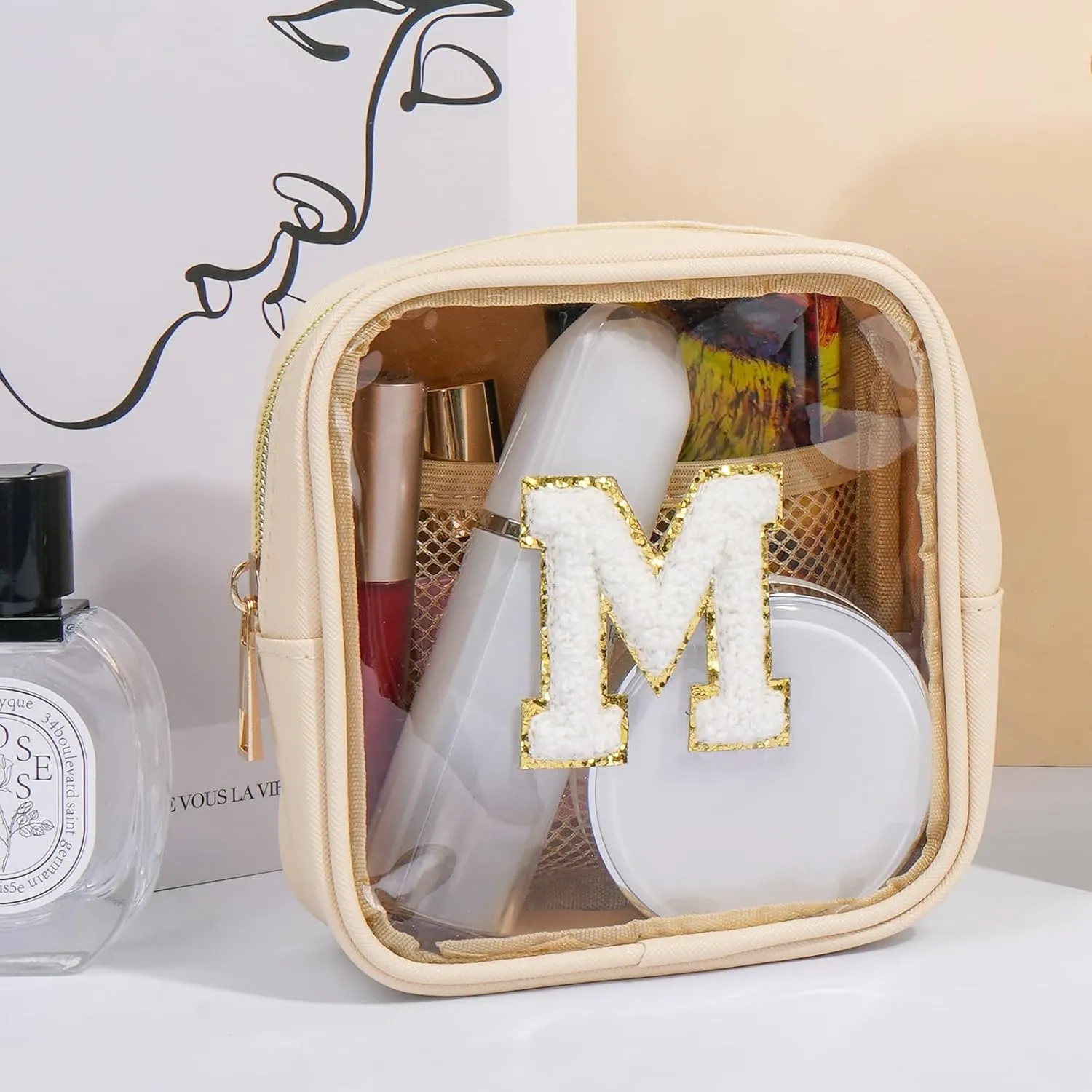 Mini Makeup Bag, Small Makeup Bag for Purse Waterproof Clear Makeup bag Leather Cosmetic Bag Square Make Up Bag Pouch with Chenille Letter, Beige