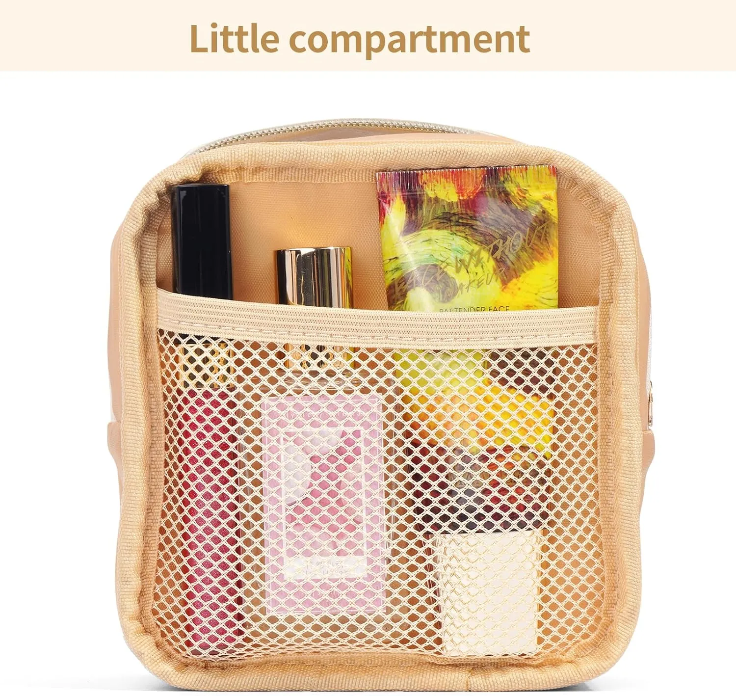 Mini Makeup Bag, Small Makeup Bag for Purse Waterproof Clear Makeup bag Leather Cosmetic Bag Square Make Up Bag Pouch with Chenille Letter, Beige