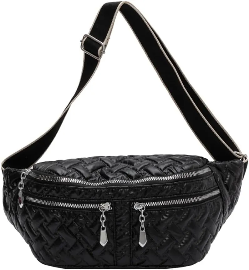 Multi Zippers Fanny Pack for Women Fashion Leather Crossbody Waist Bag with Wide Strap Sling Belt Bum Bag for Hiking (Black)