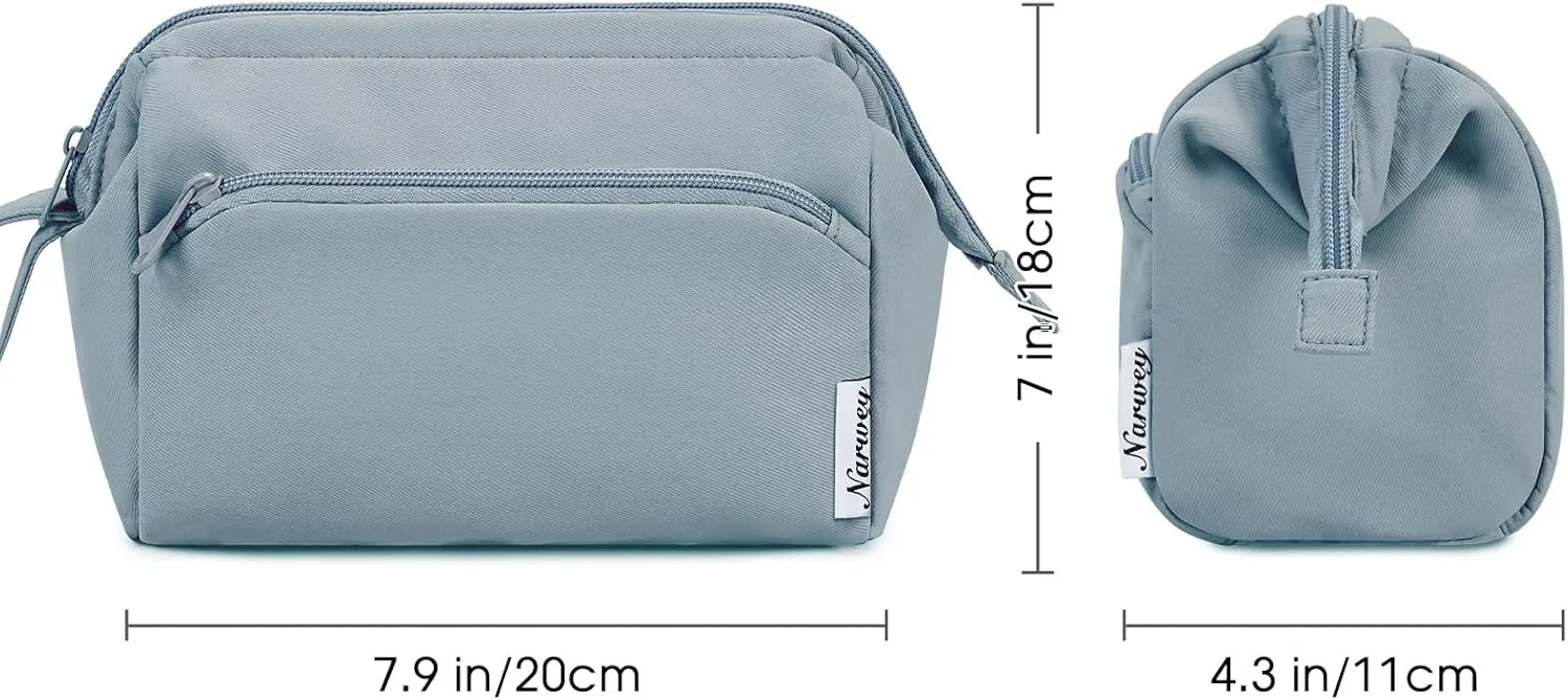 Narwey Wide-open Makeup Bag Women Make up Bag Travel Cosmetic Bag Organizer Toiletry Bag for Cosmetics Toiletries Accessories (Greyish Blue)