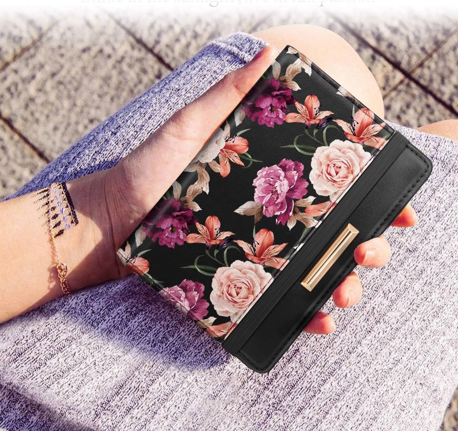 Passport Holder Cover Travel RFID Blocking Passport Cover Rose Gold Cute Flowers Passport Wallet with Elastic Band for Women