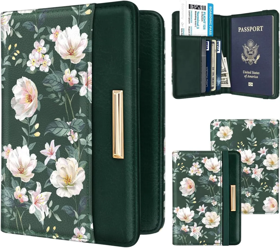 Passport Holder Cover Travel RFID Blocking Passport Cover Rose Gold Cute Flowers Passport Wallet with Elastic Band for Women