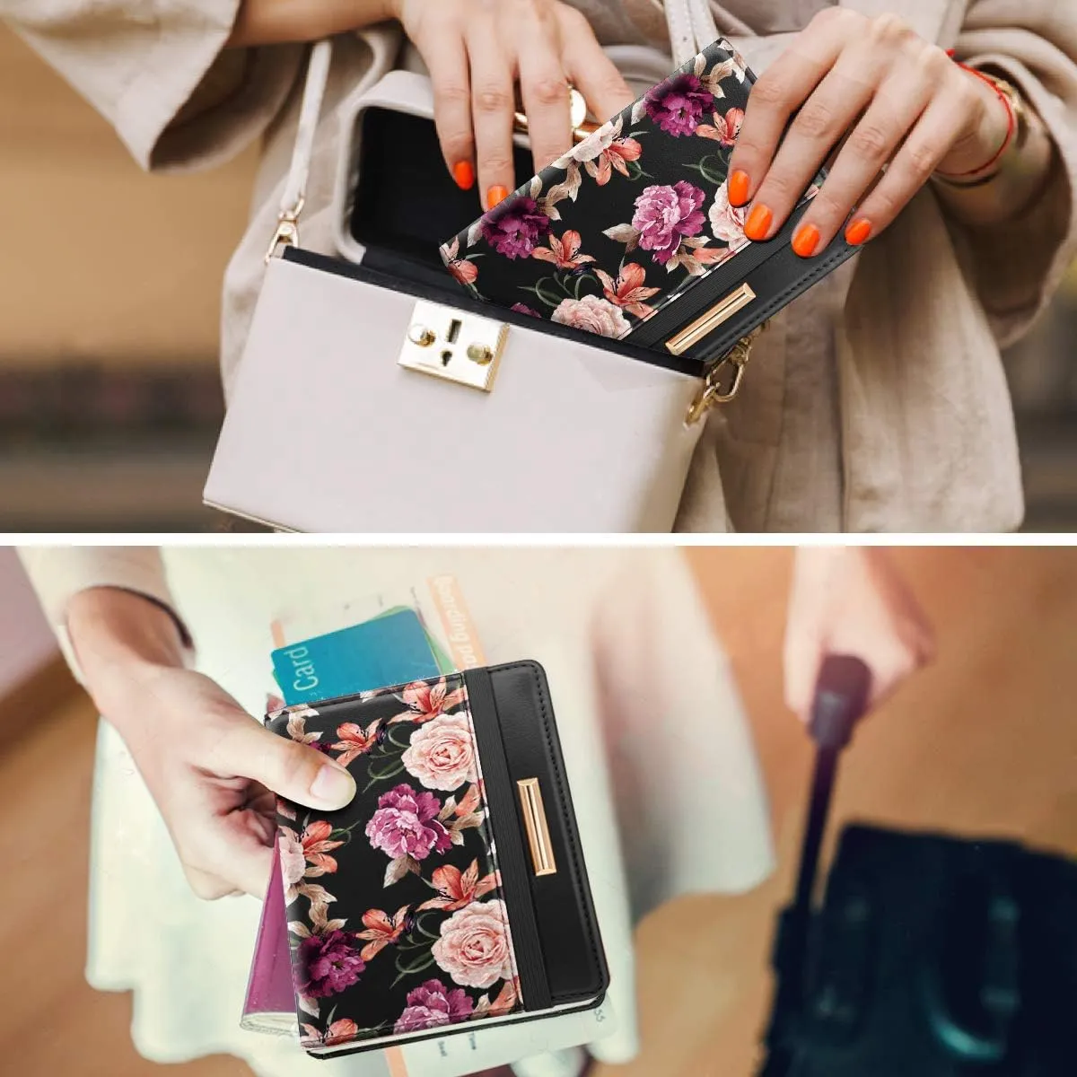 Passport Holder Cover Travel RFID Blocking Passport Cover Rose Gold Cute Flowers Passport Wallet with Elastic Band for Women