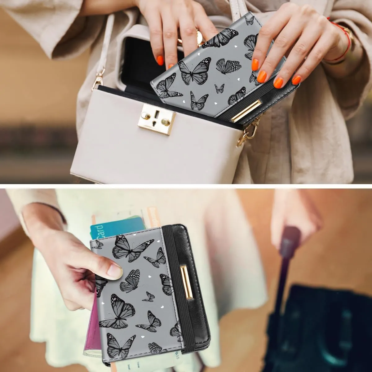 Passport Holder Cover Travel RFID Blocking Passport Cover Rose Gold Cute Flowers Passport Wallet with Elastic Band for Women