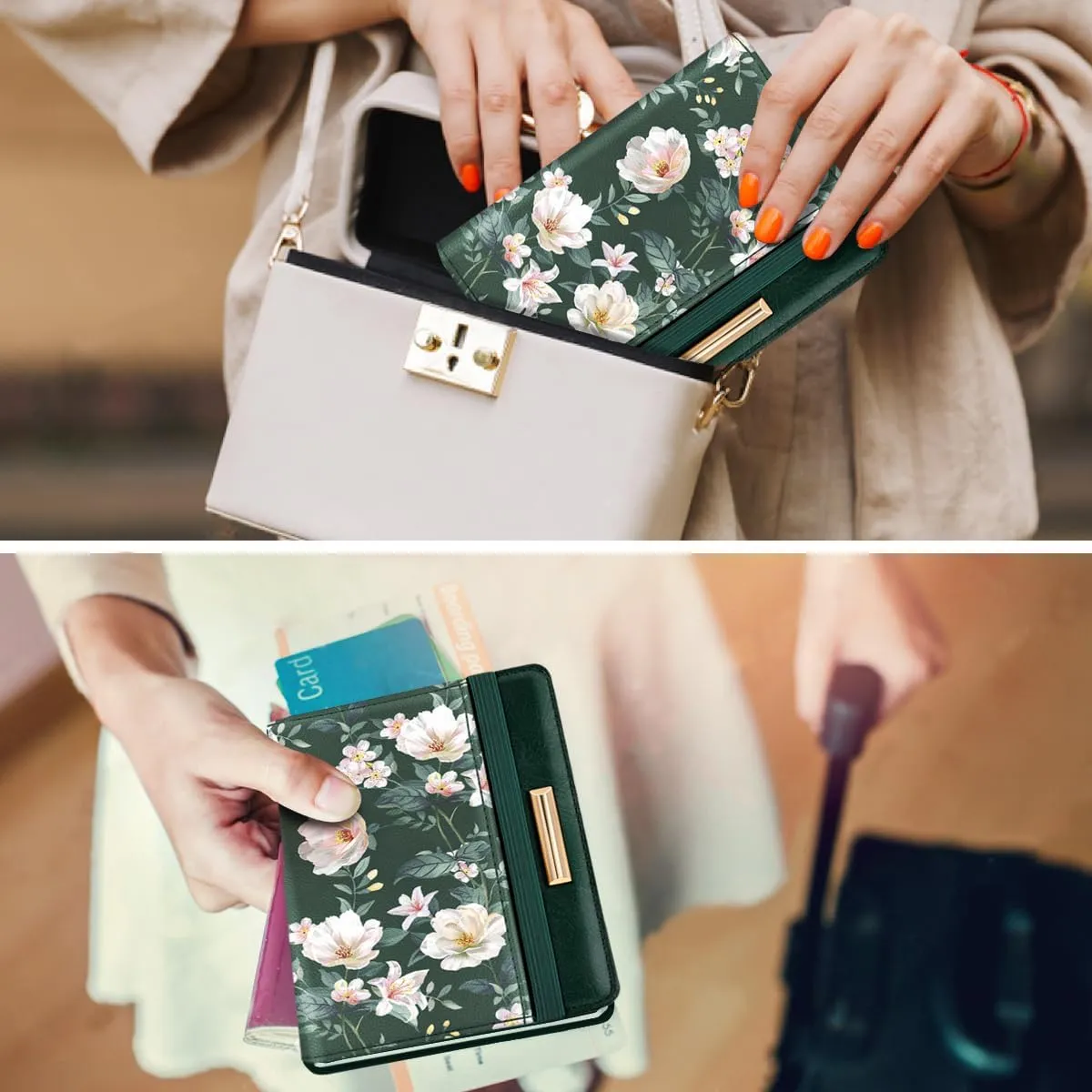 Passport Holder Cover Travel RFID Blocking Passport Cover Rose Gold Cute Flowers Passport Wallet with Elastic Band for Women
