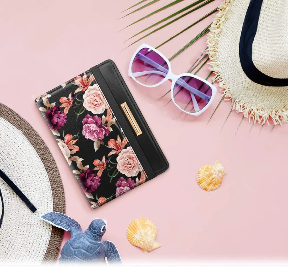 Passport Holder Cover Travel RFID Blocking Passport Cover Rose Gold Cute Flowers Passport Wallet with Elastic Band for Women