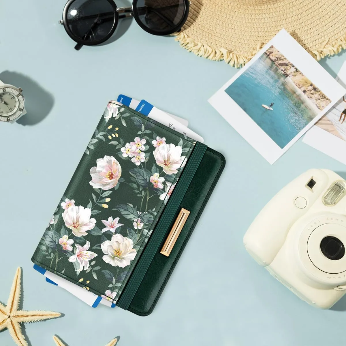 Passport Holder Cover Travel RFID Blocking Passport Cover Rose Gold Cute Flowers Passport Wallet with Elastic Band for Women