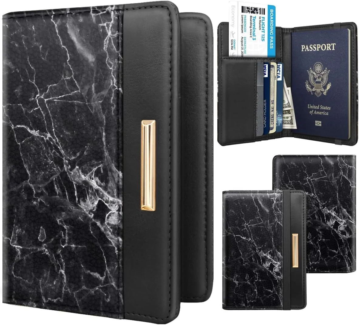 Passport Holder Cover Travel RFID Blocking Passport Cover Rose Gold Cute Flowers Passport Wallet with Elastic Band for Women