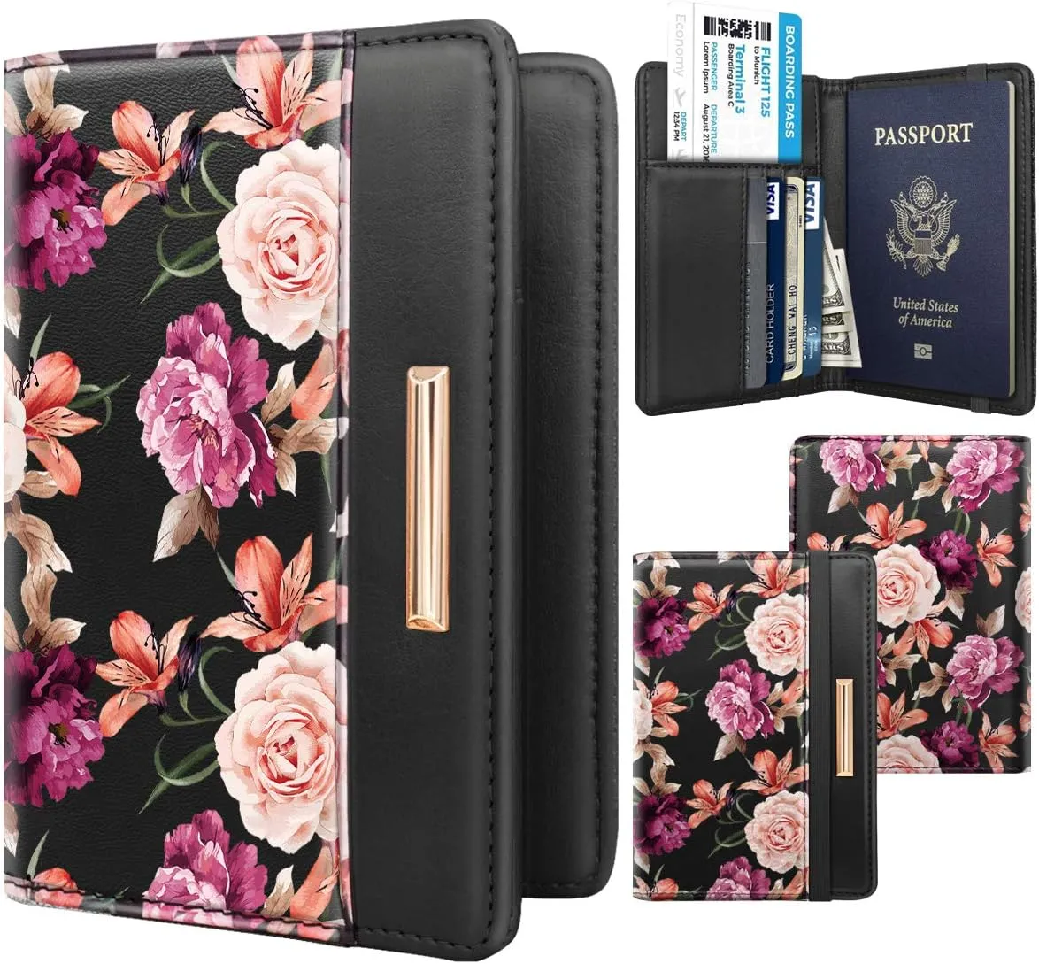 Passport Holder Cover Travel RFID Blocking Passport Cover Rose Gold Cute Flowers Passport Wallet with Elastic Band for Women