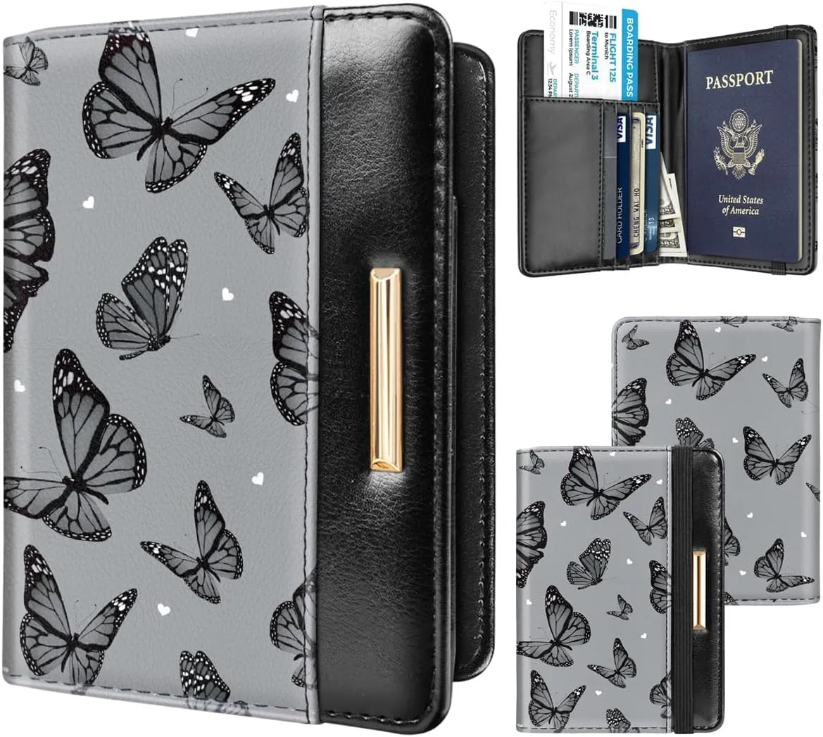 Passport Holder Cover Travel RFID Blocking Passport Cover Rose Gold Cute Flowers Passport Wallet with Elastic Band for Women