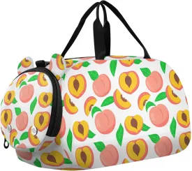 Peach Green Leaves White Kids Travel Duffel Bag for Boys Girls Overnight Weekend Tote Bag with Shoes Compartment for Beach Swim Trip