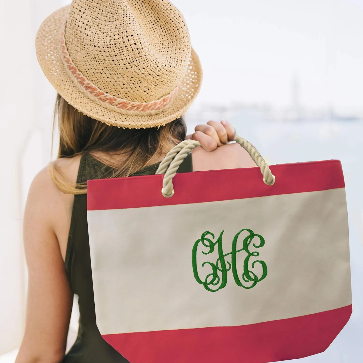 Personalized Beach Tote Bag with Zipper, Pockets, Monogram - Bridesmaid Wedding Party - Custom Monogrammed