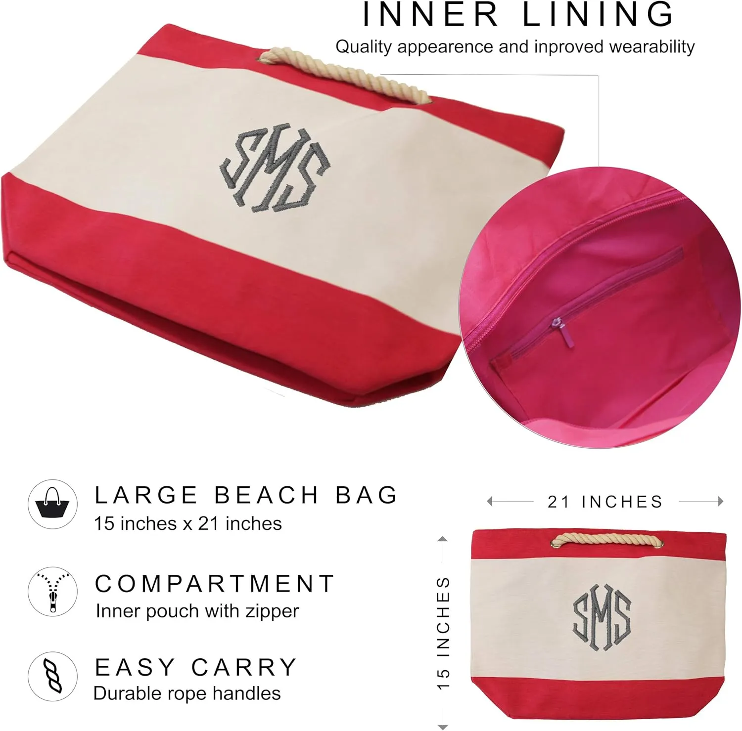 Personalized Beach Tote Bag with Zipper, Pockets, Monogram - Bridesmaid Wedding Party - Custom Monogrammed